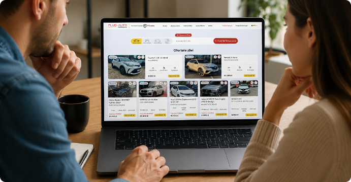 Consultant prezentând platforma PLUS-AUTO.RO unui client